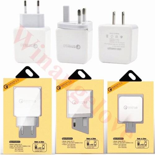200pcs Fast Adaptive Charge QC 3.0 5V 2.4A 9V 1.8A 12V 1.5A Eu US Uk Ac home wall charger for iphone for samsung s10 with box
