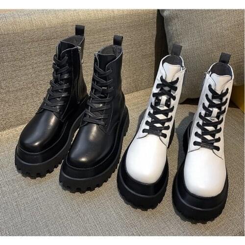 NEW 2021 Autumn Fashion Women Cross Tied Boots Leather Round Toe Square Heel Motorcycle Boots Mid Calf Shoes