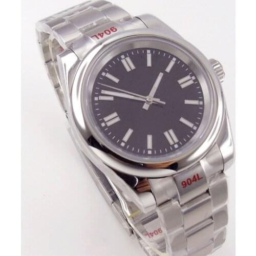 36mm Japan MIYOTA 8215 Luminius Index Selfwinding Men Watch Polished Bezel transparent back Brushed Oyster Band Baton Hands