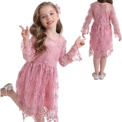 Kid Autumn Winter Clothes Birthday Clothes Floral Embroidery Solid Gown Little Girl Evening Prom Dress forChildren Lace Dress