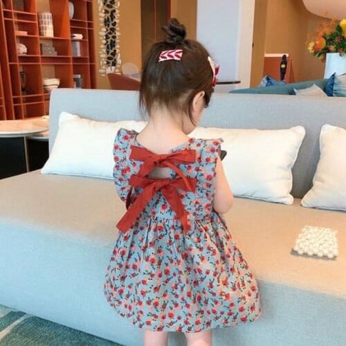 Girls Princess Dress For Summer Flare Sleeve Floral Elegant Birthday Party Backless Children Sundress Kids Clothes with Bow 2-6Y