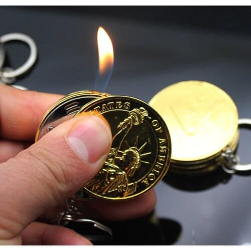 New Metal Free Fire Butane Lighter Keychain Creative Compact Gas Lighter Inflated Jet Pendant Coin Bar One Dollar Gift Key Chain