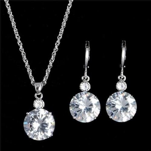 Trendy Earrings Necklace Sets for Women White Yellow Gold Filled Cubic Zirconia CZ Pendant Necklace Earrings Wedding Jewelry Set