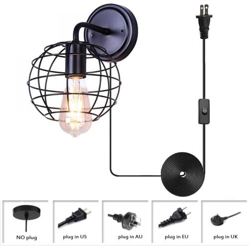 Wire Cage Wall Sconces Lighting, Premium Industrial Edison Antique Black Finish Plug In Wall Lamp, Vintage Style Wall Light
