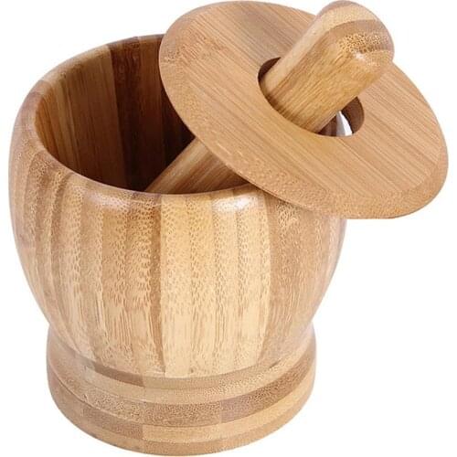 Natural Bamboo Garlic Press Ginger Crusher Spices Grinding Bowl Set Herb Spice Pepper Mill Masher Grinder Kitchen Tool 2021 New