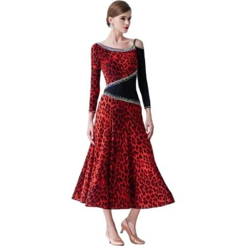 M-19306 New leopard-print ice silk national standard modern dance practice dress ballroom training costume waltz conjoined dress