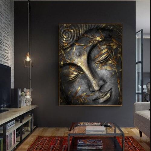 Posters and Prints Head Of Lord Buddha Statue With Golden Leaves Home Decor Wall Art Pictures For Living Room Canvas Painting