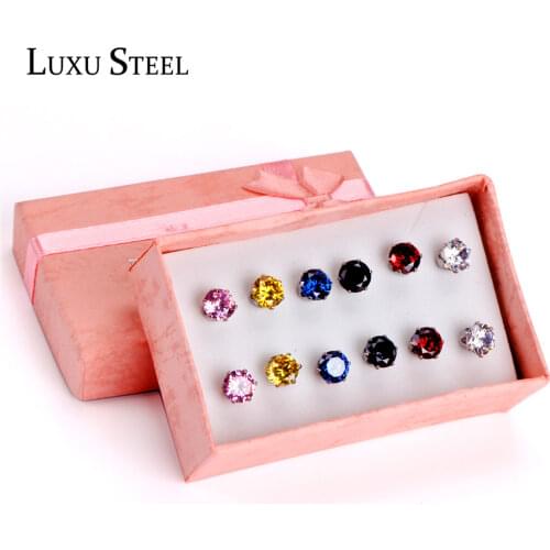LUXUSTEEL Gift Box 6pairs Earring Sets Size 3mm/5mm/7mm Stainless Steel Anit-allergy Colorful Crystal Stud Earring Bijoux