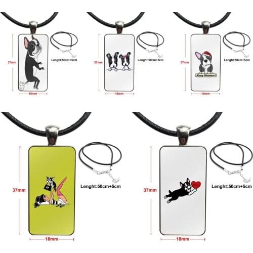 For Christmas Gift Funny Boston Terrier Suitable Steel Color Glass Cabochon With Rectangle Shaped Pendant Choker Necklace