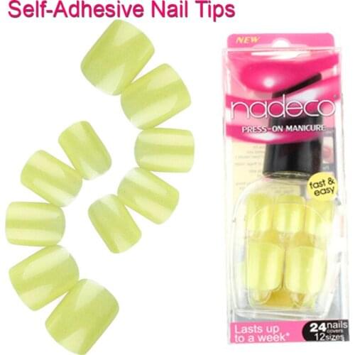 12Sets Full Cover Matt Yellow Self-Adhesive Fake Nail Tips Lemon Beige Glitter Artificial Finger Nail False Nail Art Tips RCP-09