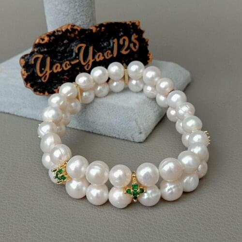 YYGEM Cultured White near round freshwater Pearl Green Cz Spacer Stretch Cute style for women fashion bracelet