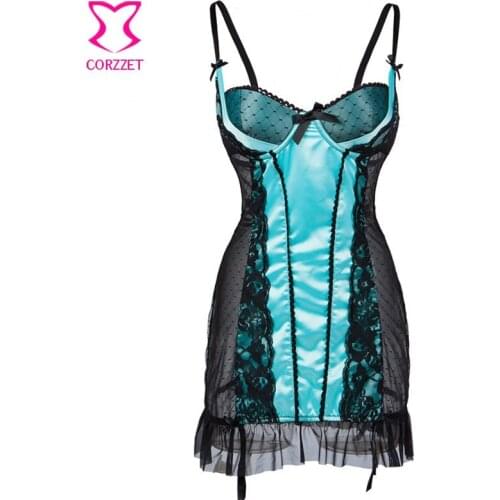Plus Size Nightdress Chemise Lingerie Sky Blue Satin and Black Dot Lace Nightwear With Suspenders Sexy Women Sleepwear For Woman