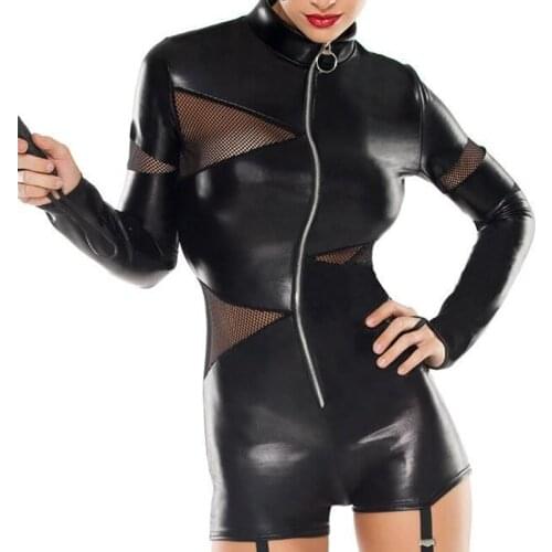 Womens Bodysuits Shorts Bodycon Sexy Lingerie Erotic Mesh PU Leather Zipper Jumpsuits Long Sleeve Teddy Latex Catsuit Clubwear