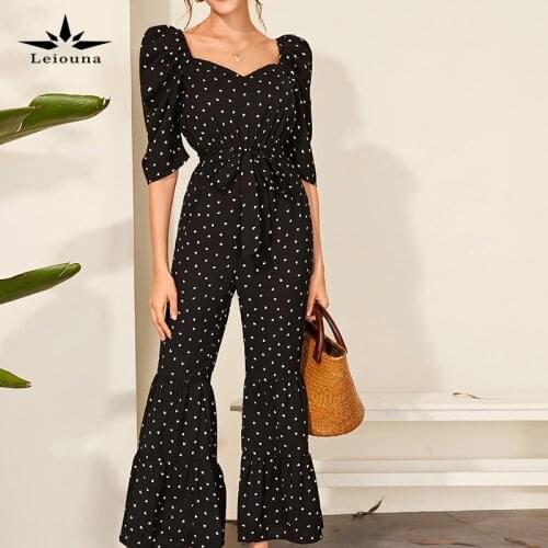 Leiouna Fashion V-Neck Puff Sleeve Women Black Elegance Casual Bandage Summer High Waist Flare Pants Jumpsuit