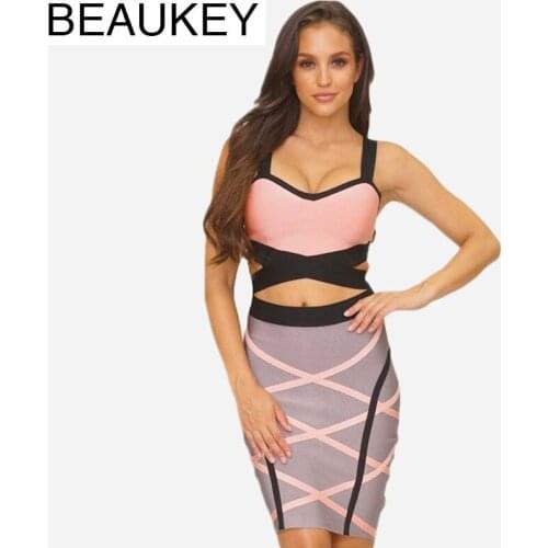 BEAUKEY Sexy Hot Sale Rayon 2 Piece Set Bandage Womens Pink Color Block Crop Top And Shirt Party Club Hollow Out Two Pieces