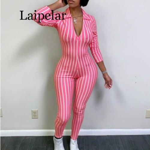 Laipelar Sexy bodysuit tracksuit rompers womens jumpsuit long sleeve skinny striped print slim casual overalls femme