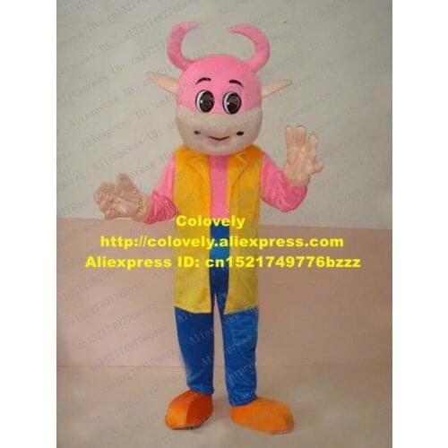 Lively Pink Cow Bull Mascot Costume Mascotte Ox Cattle Calf Bovini Adult With Big Bent Horns Big Round Eyes No.2252 Free Ship