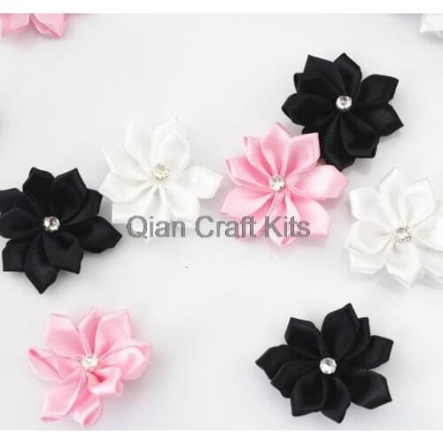 100pcs satin ribbon flowers with Rhinestone-Mix colors 35mm for diy applique no clips