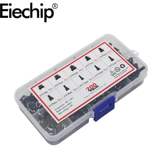 200pcs/lot 10 value Mini Button Switch kit 6*6 rice cooker / telephone / PCB board maintenance use 6x6x4.3 Keys Switch