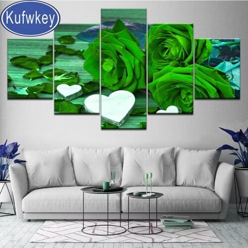 5 Panel Green Roses diamond painting full square round diamond embroidery Flower rhinestone Of Picture,home decoration