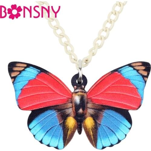 Bonsny Acrylic Big Colorful Butterfly Necklace Pendant Long Chain Fashion New Insect Jewelry For Women Girls Teen Gift Wholesale