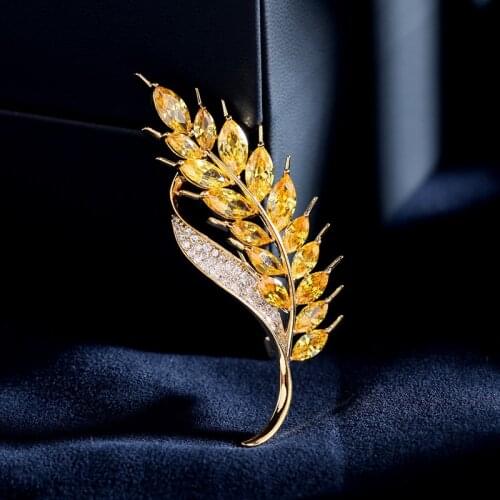 Fashion Yellow Zircon Barley Brooch for Women Simple Daily Coat Brooches Pins Golden Wheat Ear Broach Pin Jewelry broche femme