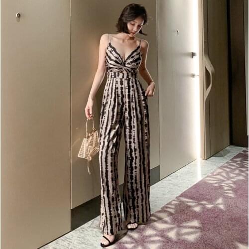 2021 Summer leopard silk slippery straight leg wide leg pants straps jumpsuit sexy V-neck slimming mopping pants women