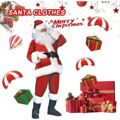 Adult Santa Claus Costume Suit Plush Father Fancy Clothes Xmas Cosplay Props Men Coat Pants Beard Belt Hat Christmas Set 7pcs 3
