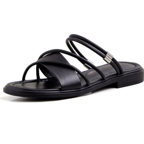 Summer Hot Selling Low Heels Two Ways Wear Genuine Leather Mueller Womens Slippers