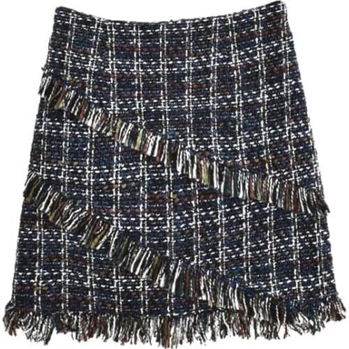 PERHAPS U Pencil Skirt Vintage Zipper Sexy Mini High Waist Short Chic Tweed Tassel Elegant Winter S0094