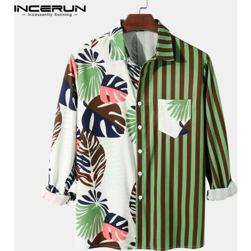 Men Casual Shirt Striped Print Patchwork 2021 Long Sleeve Lapel Hawaiian Shirts Chic Button Streetwear Camisa Masculina INCERUN