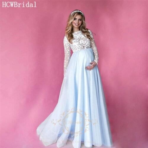 Mint Blue Lace Long Sleeves Pregnant Women Dress Evening New Arrival High Waist A Line Plus Size Maternity Dresses For Prom