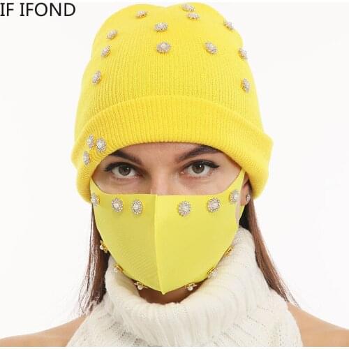 New Two Piece Set Women Shine Rhinestones Knitted Beanie Hats With Mask Ladies Autumn Skullcap Designer Outdoor Warm Hat