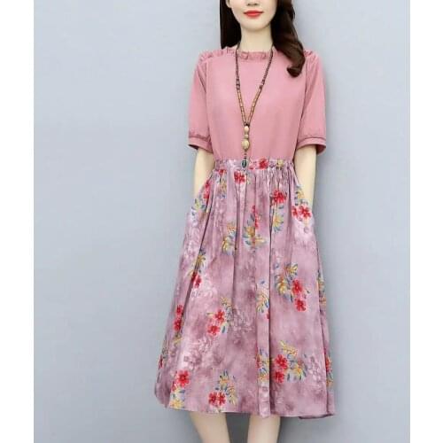 2021 Summer New Fashion Cotton Linen Floral Stitching Dress Female Slim Short-sleeved Women A-line Dress With Pockets