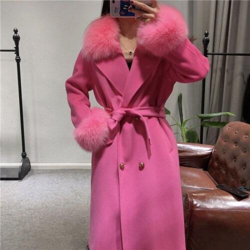 Double Side 100% Woolen Wool Cashmere Fox Fur Collar and Cuff Decoration Woolen Slim Belt Long Woolen Coat