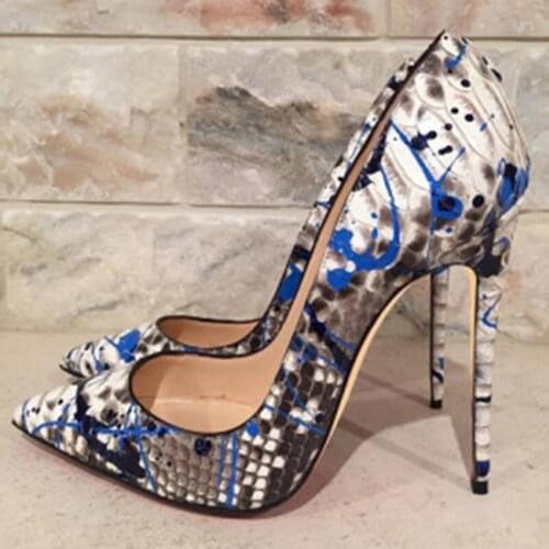Sexy Snake Skin Leather Graffiti High Heel Pumps Pointed toe 12CM Printed Leather Stiletto Heels Shoes Celebrity Women Pump
