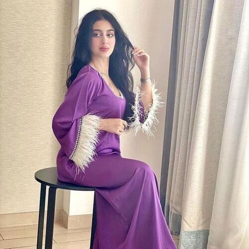 Maxi Dress Spring 2021 Purple Fashion V Neck Long Sleeve Muslim Arabic Clothes Dresses Women Muslim Traditional Abaya Dashiki