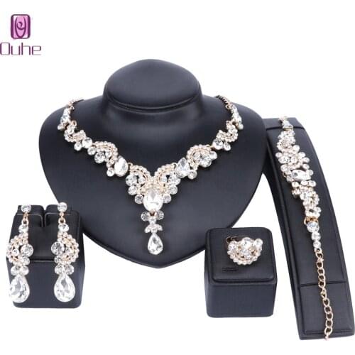 Luxury Statement Necklace Earrings Bracelet Ring Jewelry Sets for Women Crystal Bib Gold Color Chain Bridal Jewellery