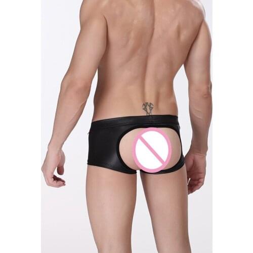 Sexy Underwear Men Boxer Shorts Backless Jockstrap Gay Mens Underwear Boxers PU Leather Man Boxers Shorts Underpants Boxer Homm