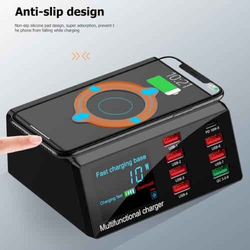 100W 8 Ports USB Charger PD QC3.0 Fast Wireless Charger Multi-port Smart USB Digital Charging Dock Station For iPhone Samsung