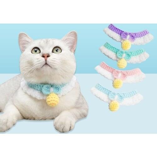 Cat Handmade Crochet Wool Collar Knitting scarf cat Bib adjustable British shorthair Collar with Cherry ball Pet diy Accessories