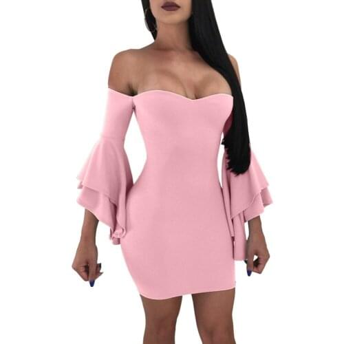Sexy Mini Dress 2018 CHEAPEST 3 Colors Sexy Short Nightclub Dress Bodycon F0077 Off Shoulder 1/2 Bell Sleeve