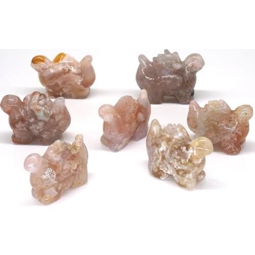 1.8" Dinosaur Statue Natural Blossom Agate Stone Carved Figure Room Ornament Healing Crystal Reiki Animal Figurine Gem Sculpture