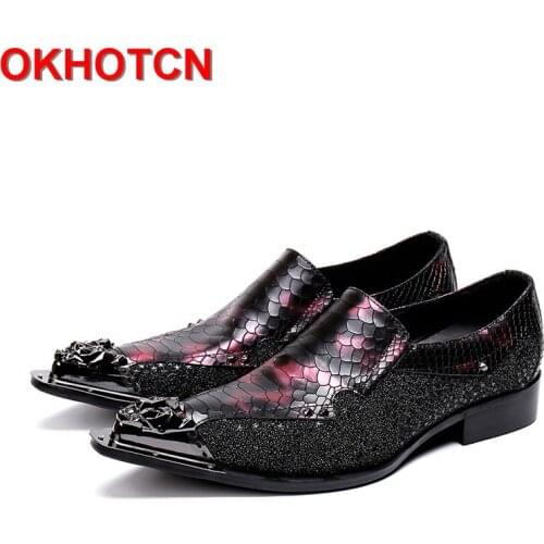 Bling Rhinestore Leather Shoes Men Patchwork Snake Formal Shoes Men Slip On Red And Black Pointed Toe Zapatos De Hombre OKHOTCN