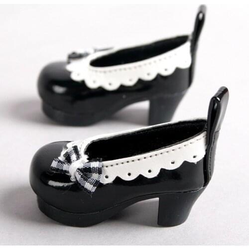[wamami] 123# Black 1/6 SD AOD DOD BJD Dollfie Mid Heeled Bowite Synthetic Leather Shoes