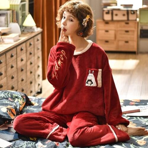 Womens Flannel Pajamas Sleepwear Winter Warm Home Wear Women Cartoon Fashion Pajamas Sets Round-Neck Thick Flannel Women PJS