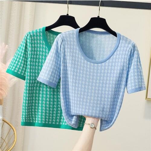 Woman Sweaters Summer Sweater Womens Loose Plus Size Short Sleeve O-neck plaid Pullover Sweater Summer Y2K Top