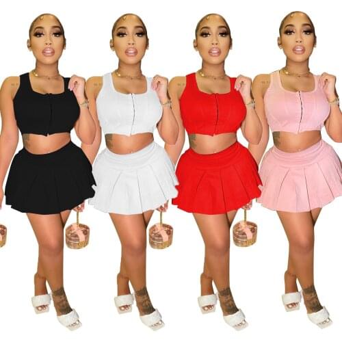 Zaggin 2021 Autumn Fashion Women Solid 4-Color Sports Sets Casual Vest Pleated Skirt Pantskirt 2-Piece Suit Sexy Hollow Out Sets