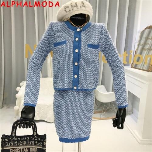 ALPHALMODA Graceful Knitting Suit Womens 2020 Autumn New Fashion Cardigan Skirt Lady Elegant Two-Piece Set OL Knitted Skirt Set