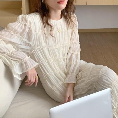 2021 Autumn Women Beige Long Straight Folds Dress Petal Sleeve Loose Waist Fairy Dresses Female Ruffle Hem